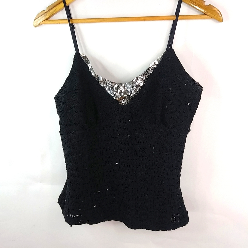 Outlooks M Whimseygoth Silver Sequin on Black Knit String Tank Top